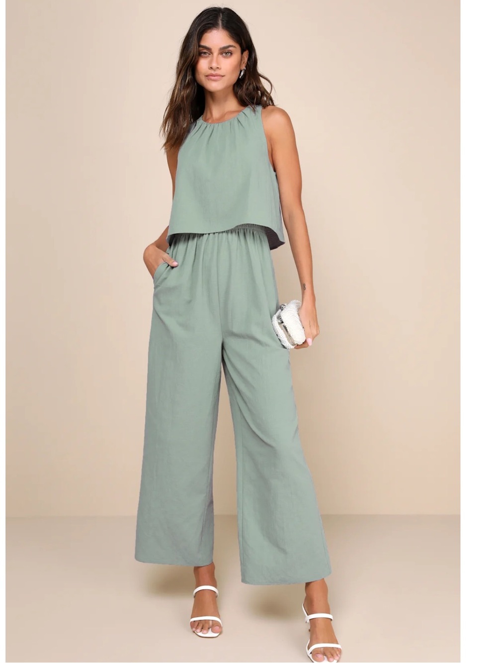 Lulus Breezy Sophistication Sage Green Pockets Wide-Leg Cotton/ Rayon Jumpsuit